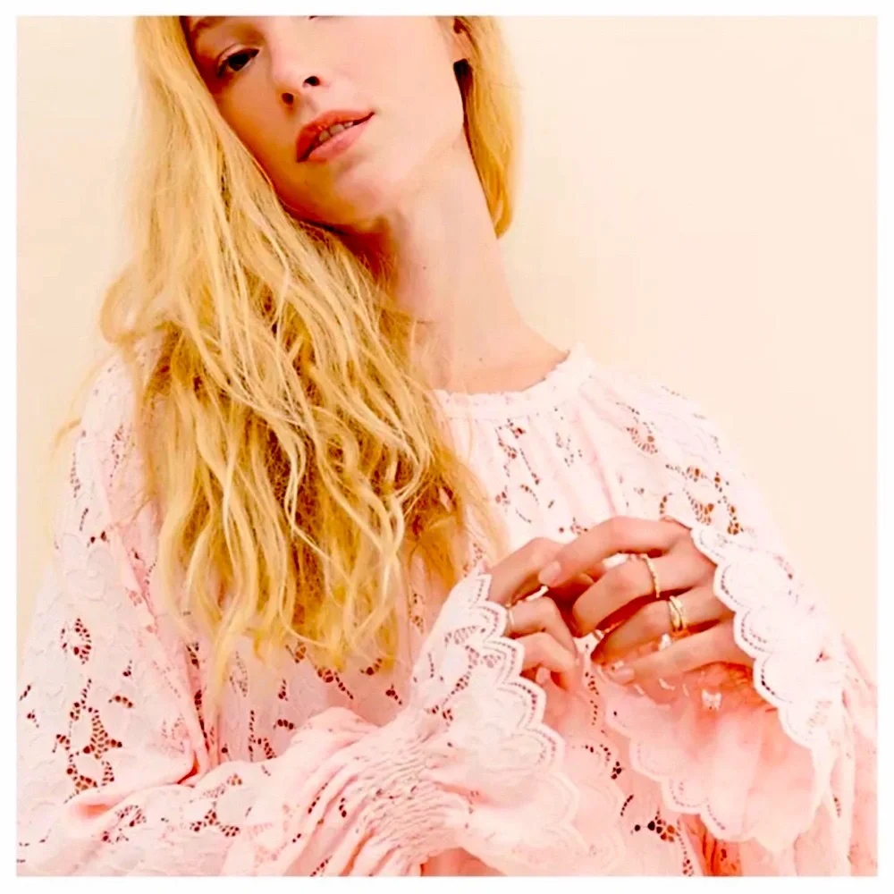NWT Free People Olivia Lace Top blouse Edwardian sleeves Shirt XS powder pink